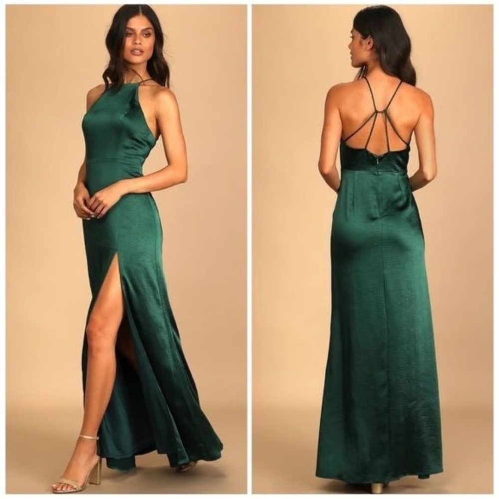 LULU'S XS Make it Elegant Emerald Halter Green Satin Strappy Maxi Dress Prom